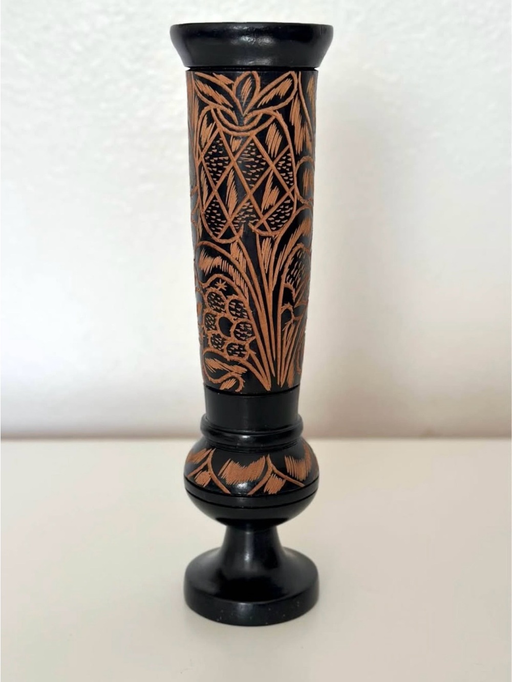 Vintage Boho Hand Carved Etched Wooden Floral Bud Vase